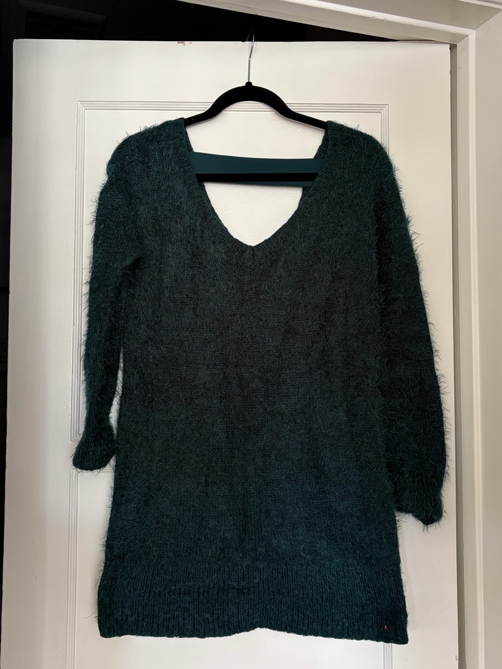 A Pea in the Pod Teal Fuzzy V-Neck Sweater Dress